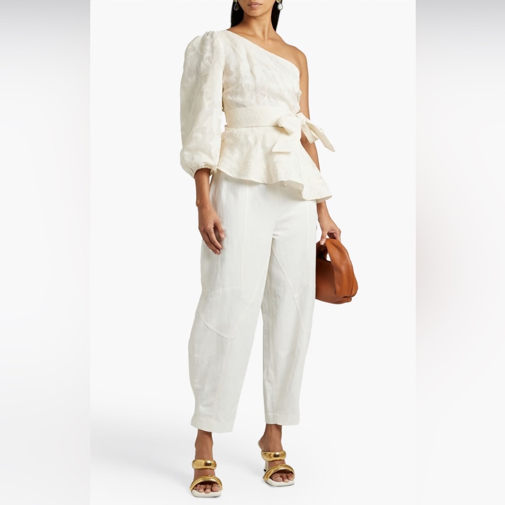 Veronica Beard Fete One-Shoulder Coupé Silk Top, Ecru, 4